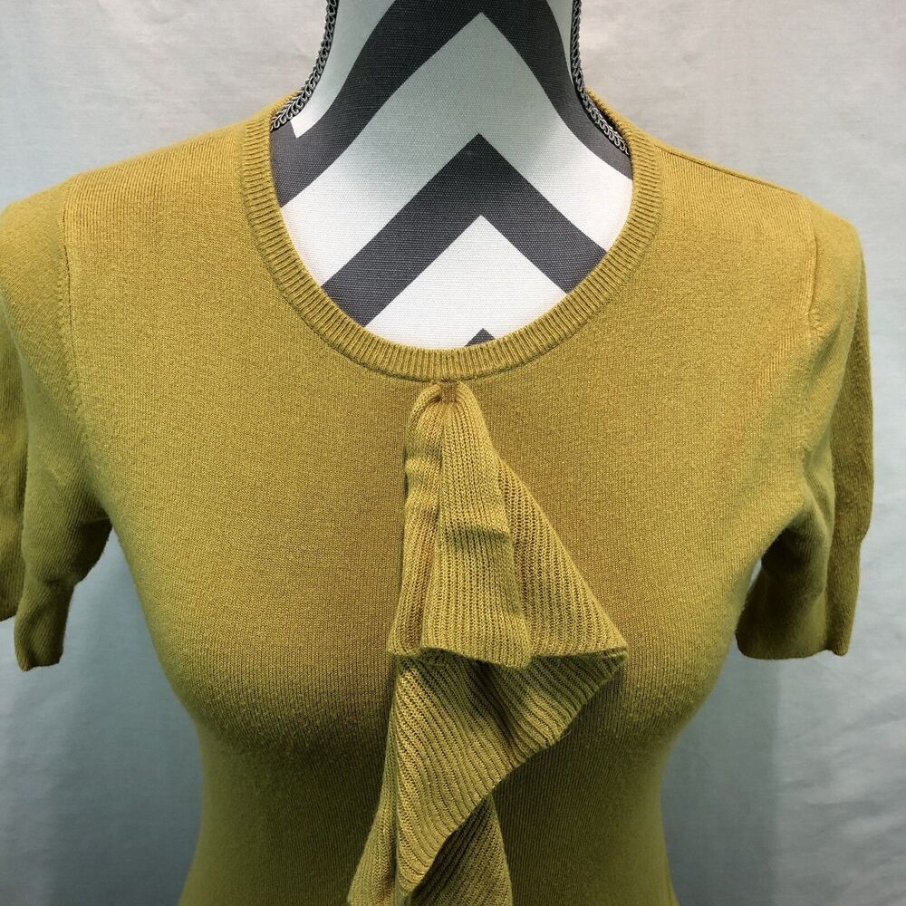 THE LIMITED WOMENS RUFFLE FRONT YELLOW RAYON SHORT SLEEVE SWEATER XS VV3